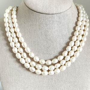 925 Sterling Silver Vintage Genuine Pearl Chunky Triple Strand 3 Row Necklace